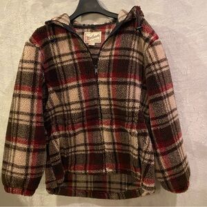 Woolrich Jacket Womens Medium Red Plaid Sherpa Fleece Full Zip Hooded